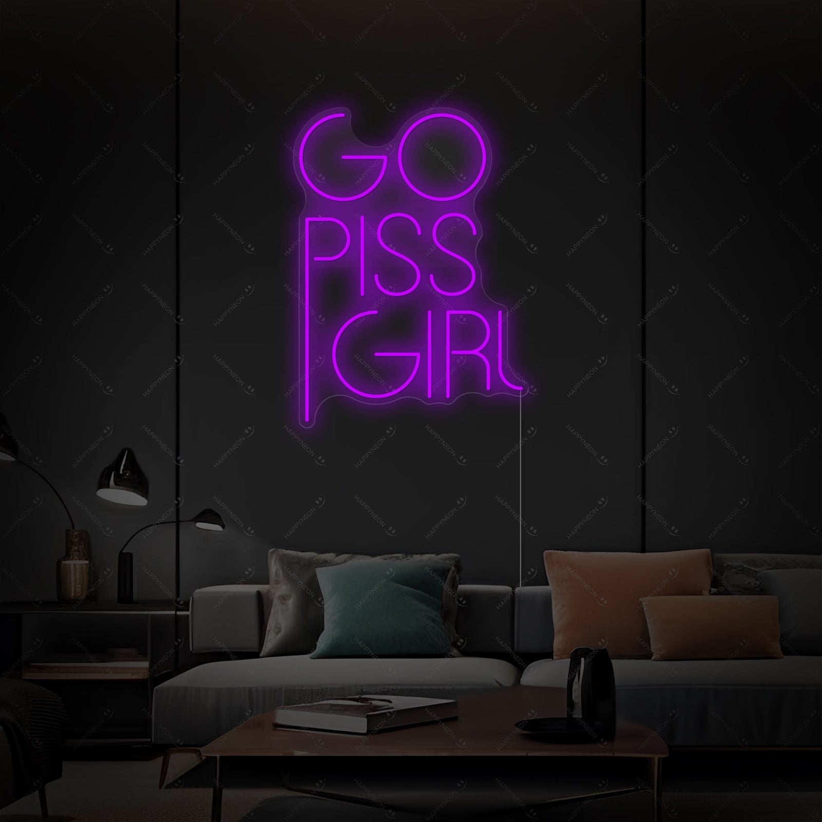 Closeup of the lit pink "Go Piss Girl" neon sign showing the clear mounting backing and realistic tubing.