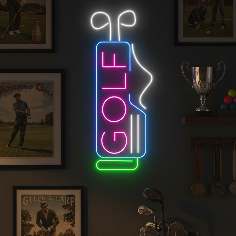 A lifestyle photograph showing the glowing Golf Bag neon sign displayed on a dark accent wall in a cozy home bar or lounge area, creating a relaxed, sports-themed atmosphere.