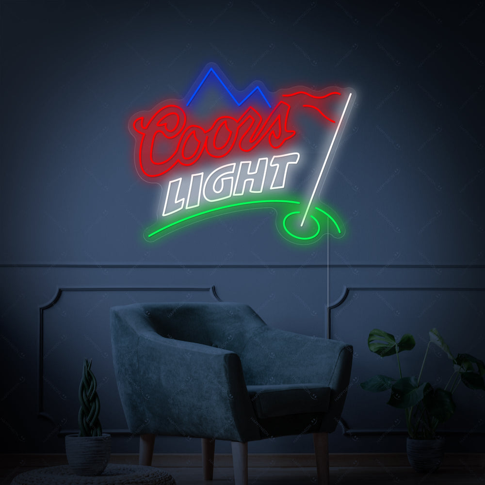 Close up view of the "Golf Beer" neon wall decor.