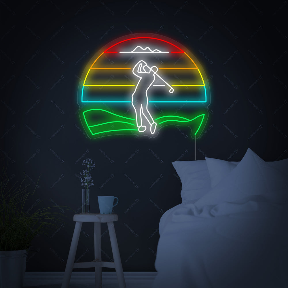 Detailed shot of the 'Golf Vintage' neon sign design featuring a golfer in mid-swing on a clear backing.