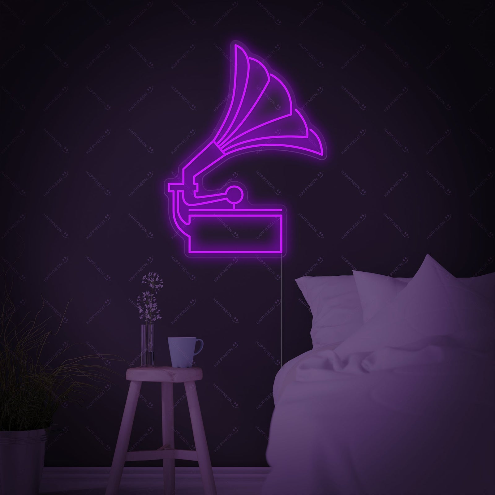 A glowing neon sign depicting a retro gramophone with a warm white horn and orange base.