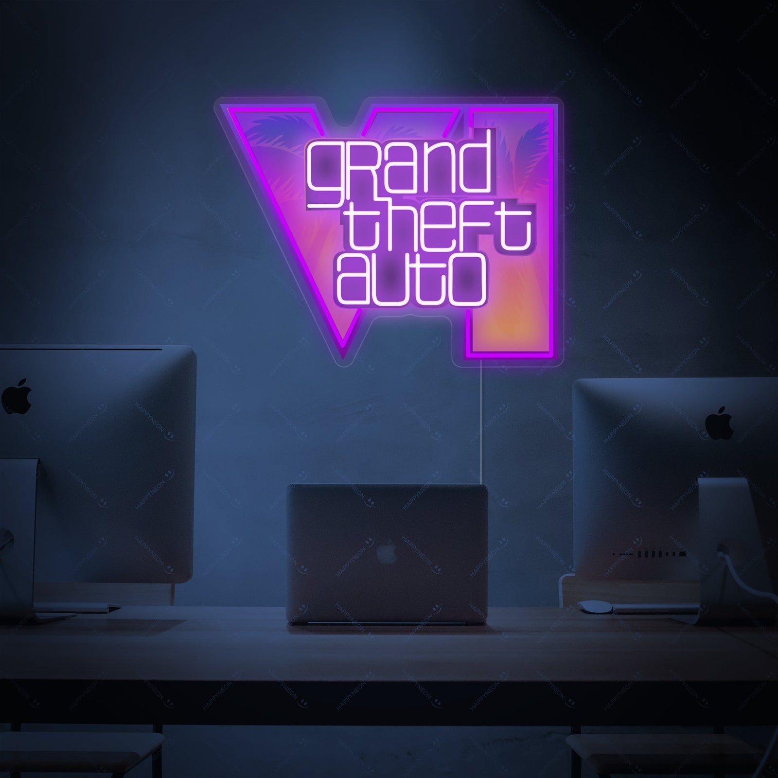 Close-up photograph of a fabricated Grand Theft Auto neon sign with the iconic logo text, mounted on a transparent acrylic background.