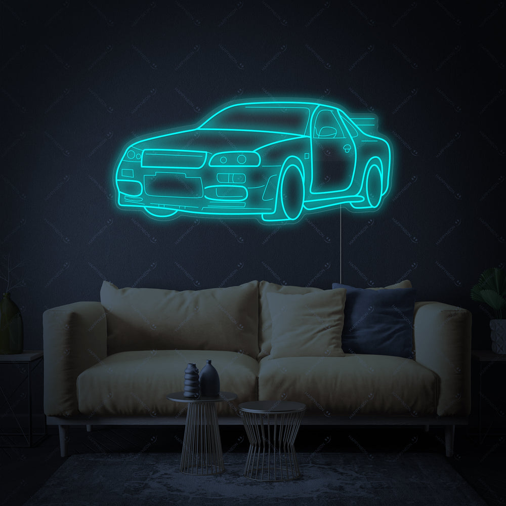 Close-up photograph of the GTR Car neon sign, displaying the detailed tubing and clear acrylic mounting.