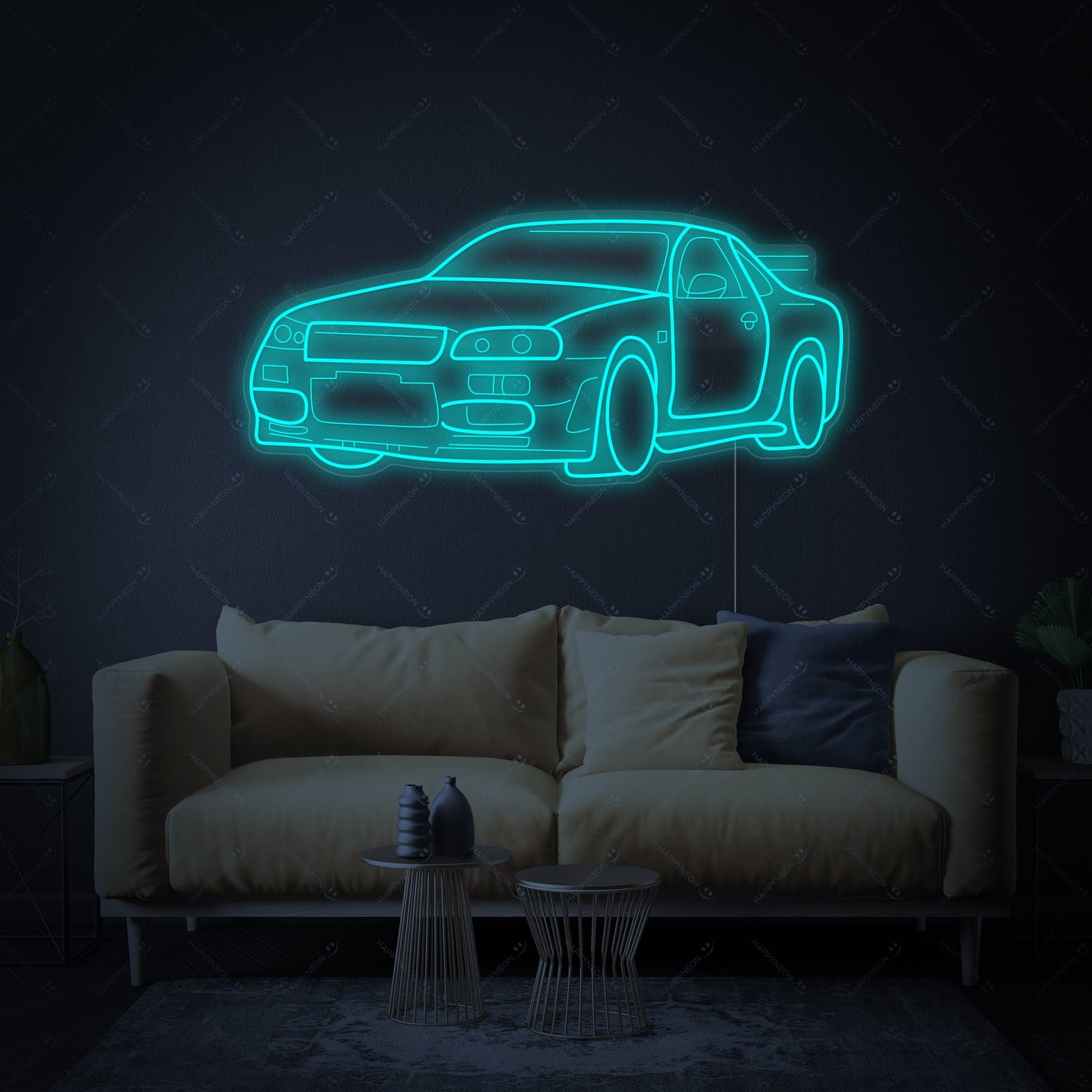 Close-up photograph of the GTR Car neon sign, displaying the detailed tubing and clear acrylic mounting.