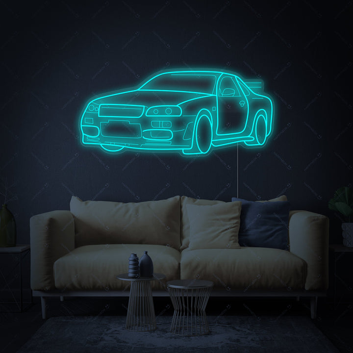 Close-up photograph of the GTR Car neon sign, displaying the detailed tubing and clear acrylic mounting.
