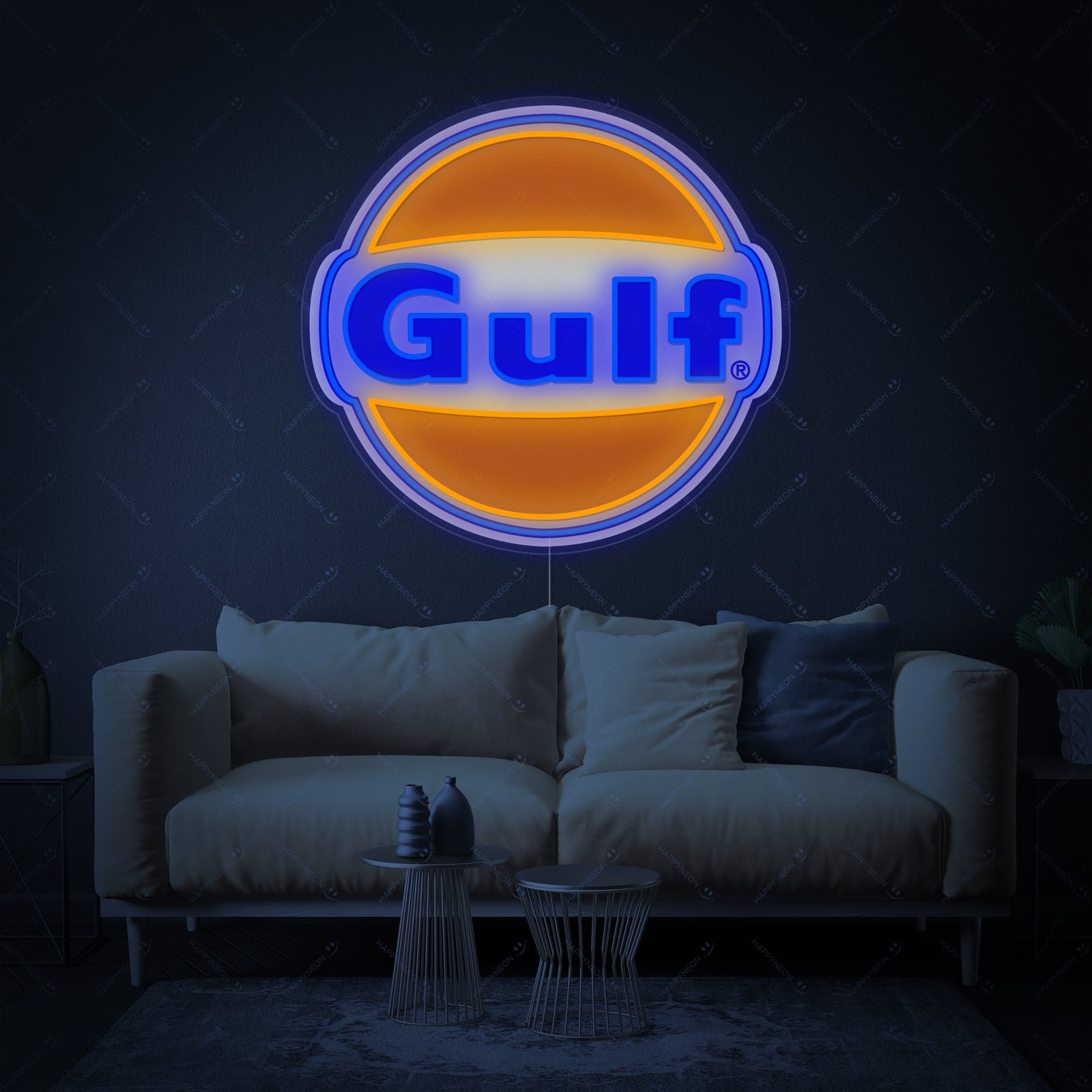 Stylized close-up of a Gulf Gasoline neon sign design on a blue and orange background, illustrating the combination of neon tubing elements and detailed graphics.