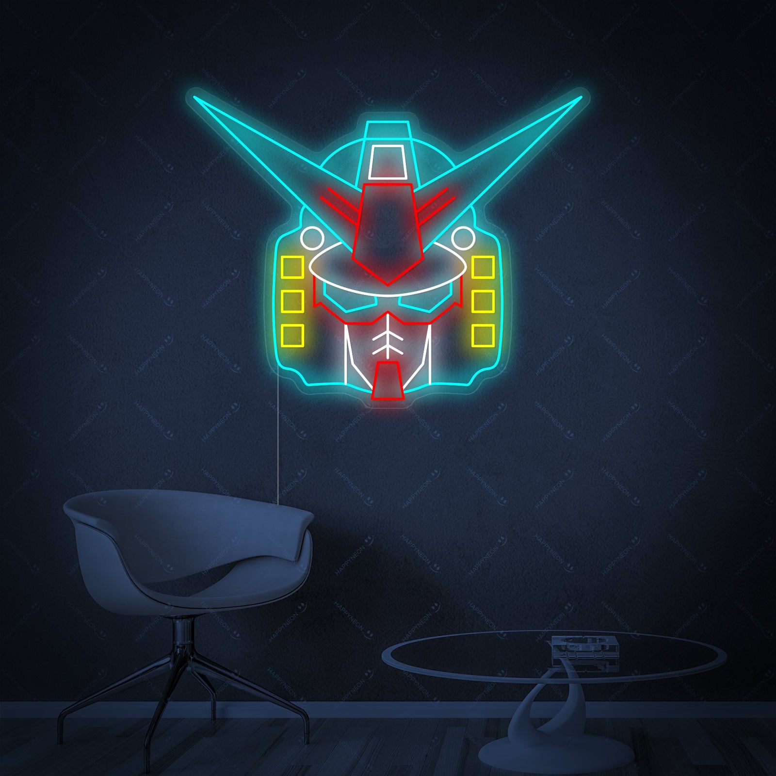 A flat vector-style graphic of a blue Gundam-inspired robot head glowing neon sign against a black background.