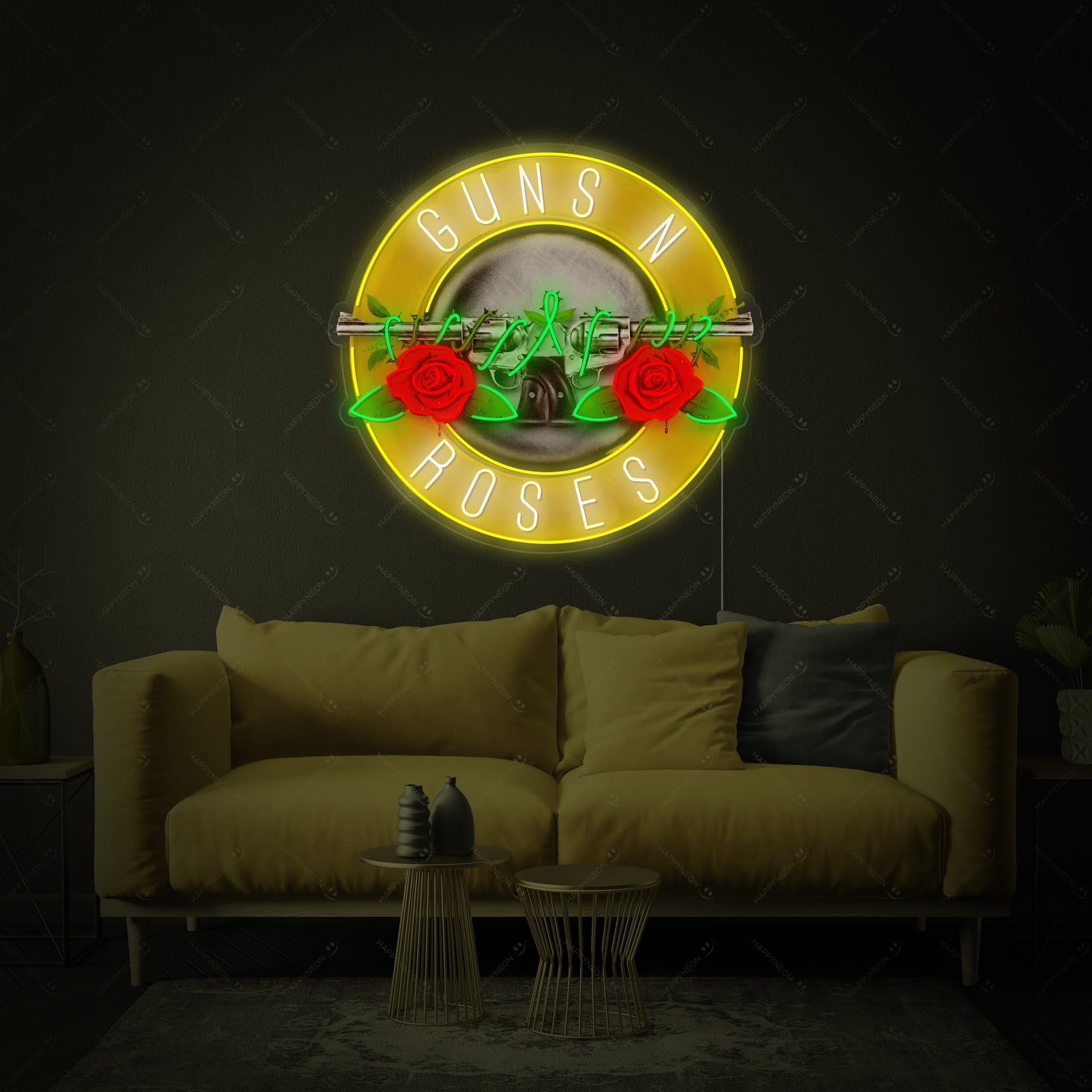 Detailed graphic illustration of the Guns N' Roses logo in a neon style, featuring yellow text, red roses, and blue revolvers on a dark background.