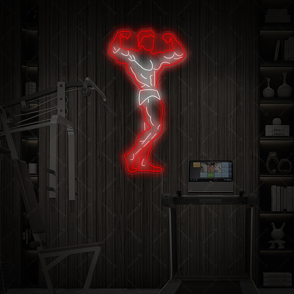 Detailed product shot of the 'Gym Hero' neon sign showing the precise tubing design and mounting hardware, glowing intensely.