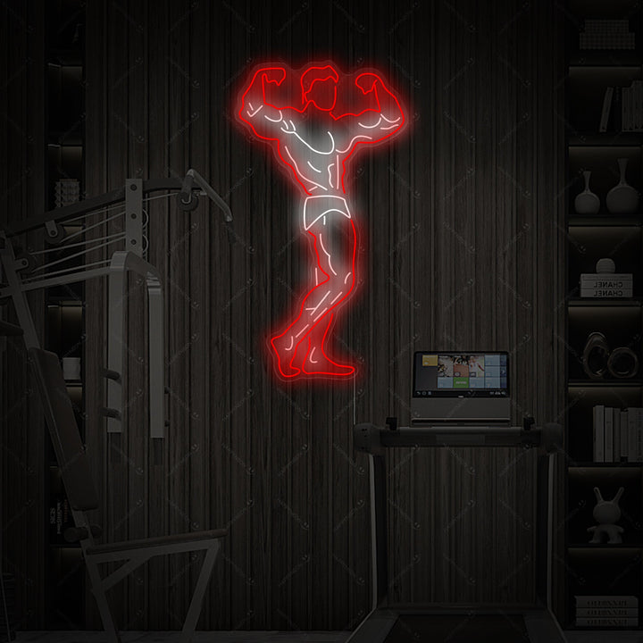 Detailed product shot of the 'Gym Hero' neon sign showing the precise tubing design and mounting hardware, glowing intensely.