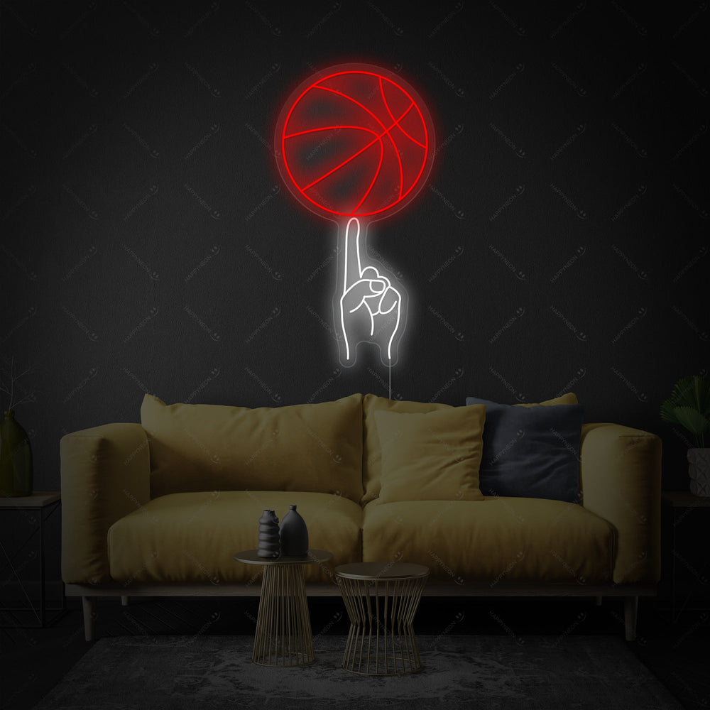 Basketball hoop neon light glowing on a dark wall, showing its physical tubing and illuminated backboard.