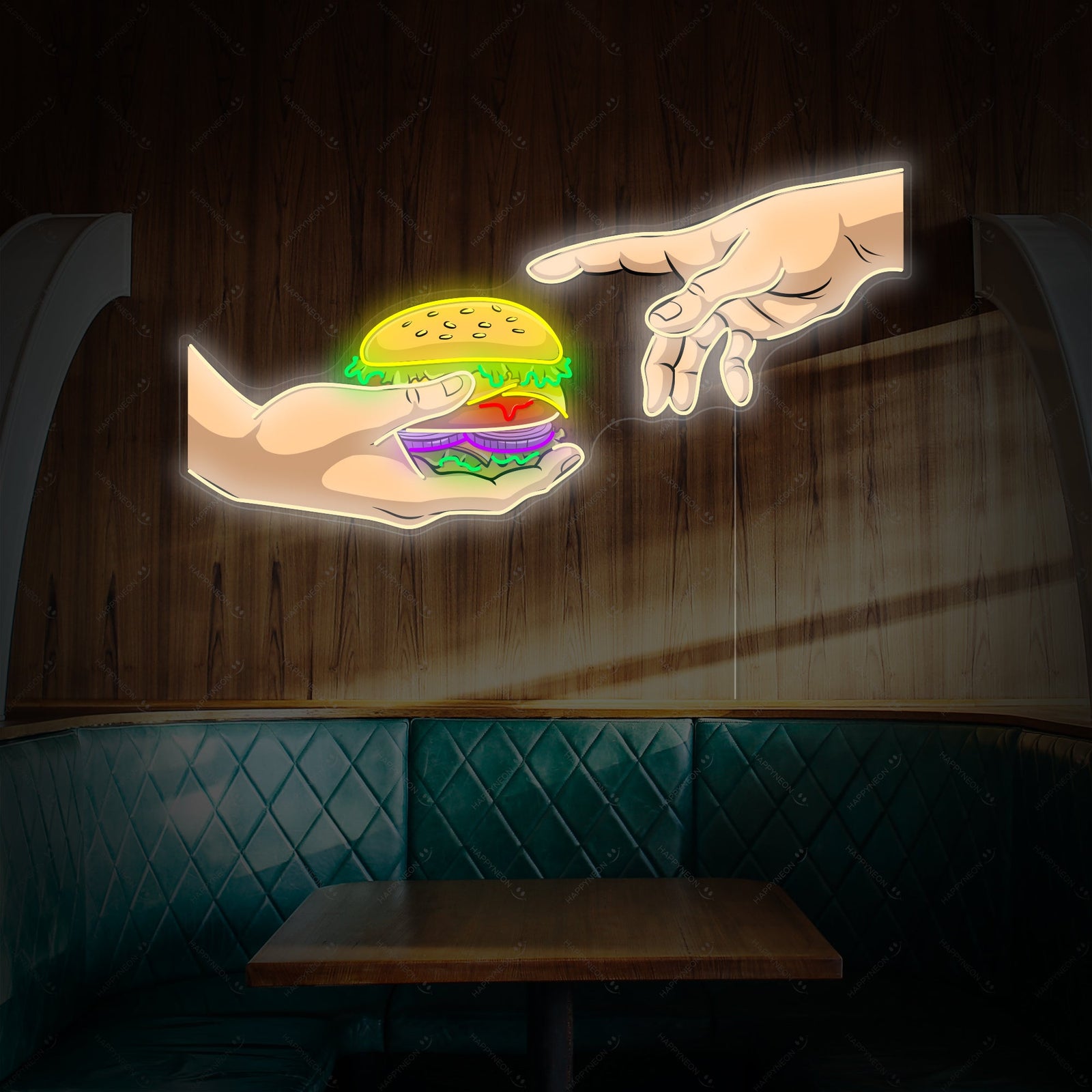 A vibrant 'Hands with Burger' neon sign in red and yellow glows brightly against a dark, textured brick wall above a cozy diner booth, casting a warm light.