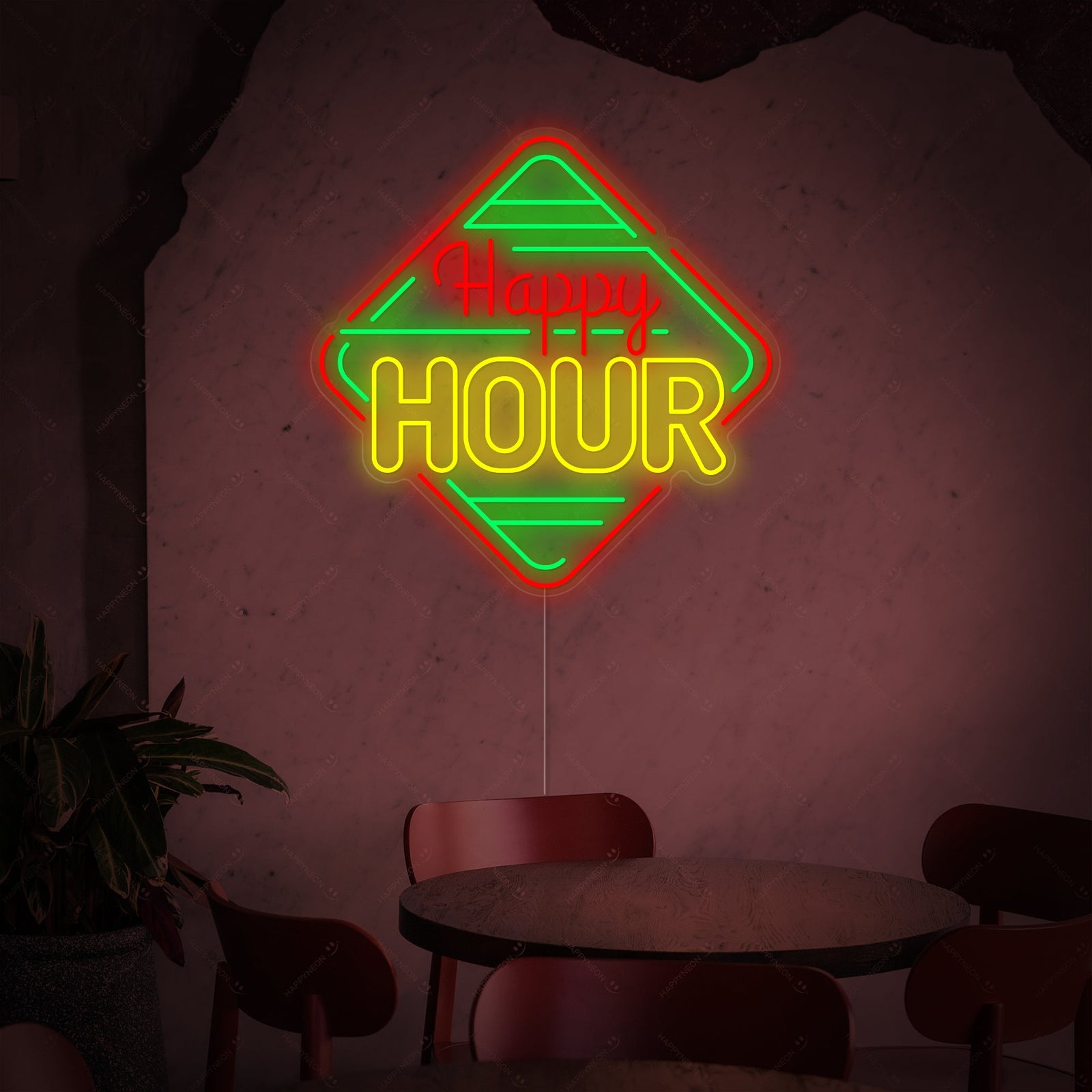 A bright red Happy Hour neon sign, glowing red script text that reads "HAPPY HOUR," mounted above a dark booth in a dim, urban bar or restaurant.