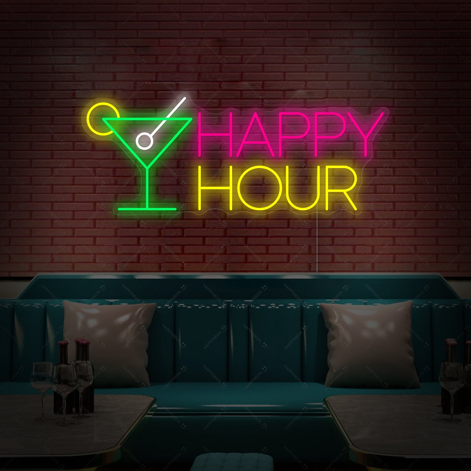 A bright, illuminated neon wall sign reading 'HAPPY HOUR' with cocktail glass graphics, glowing in blue and red tubing, mounted in a commercial bar or restaurant setting.