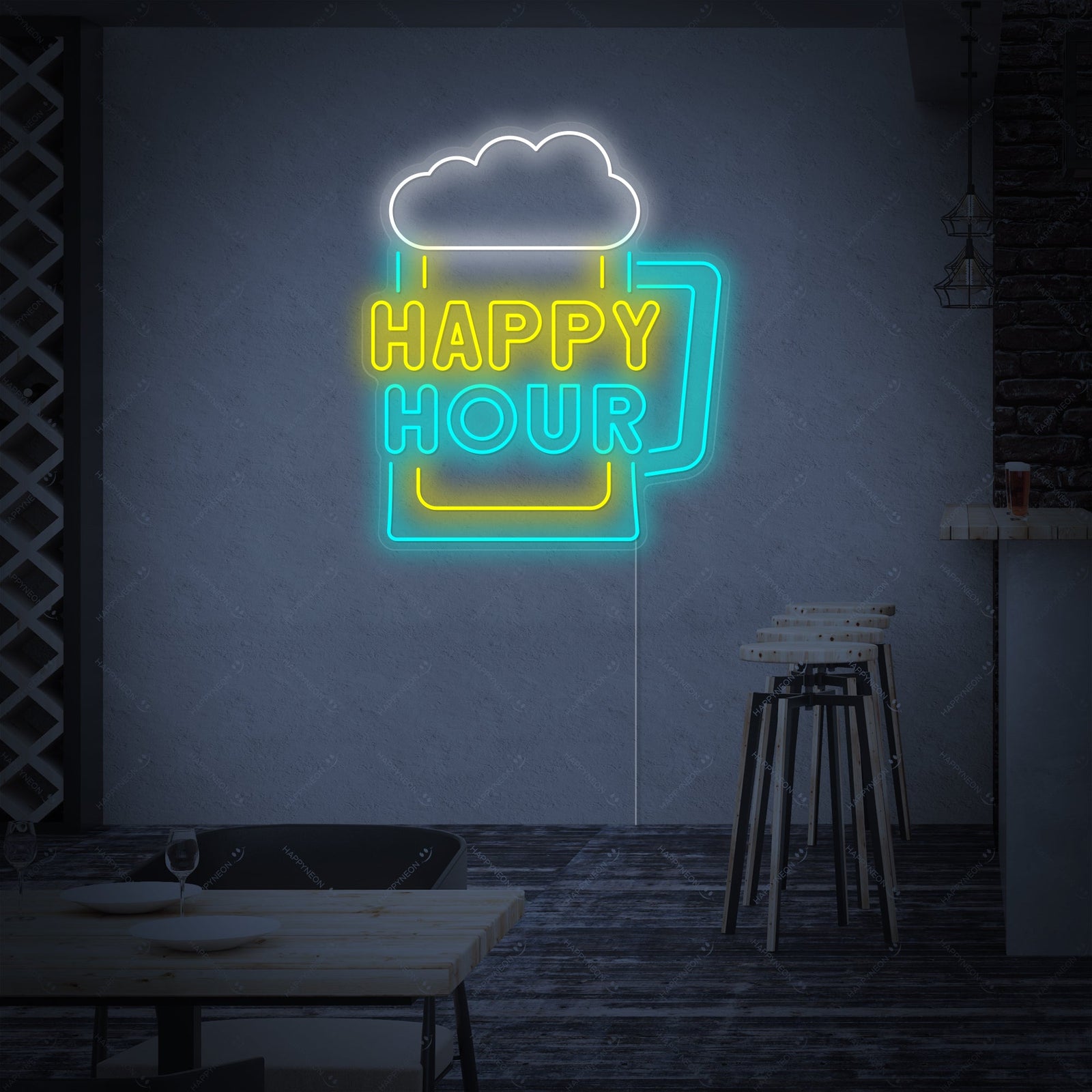 A cozy, well-lit modern home bar featuring a vibrant glowing "Happy Hour" neon sign on the wall behind the bar counter.