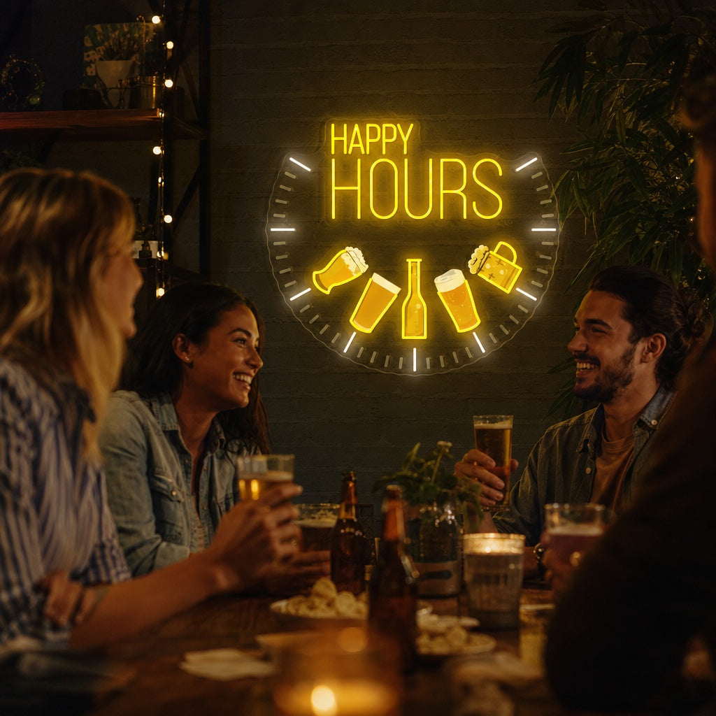 Vibrant 'Happy Hours' neon sign glowing red in a dimly lit bar setting above bottles, illuminating the area for patrons.