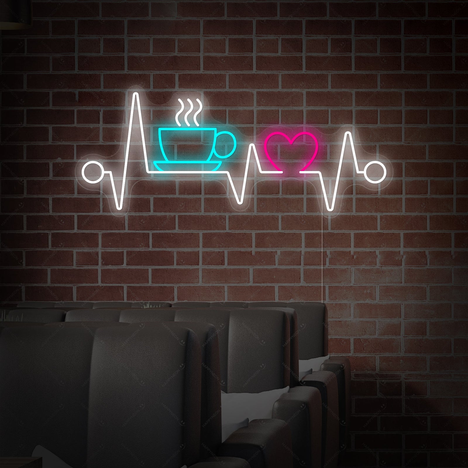 Closer view of the Heartbeat Coffee neon sign on a patterned wooden wall.