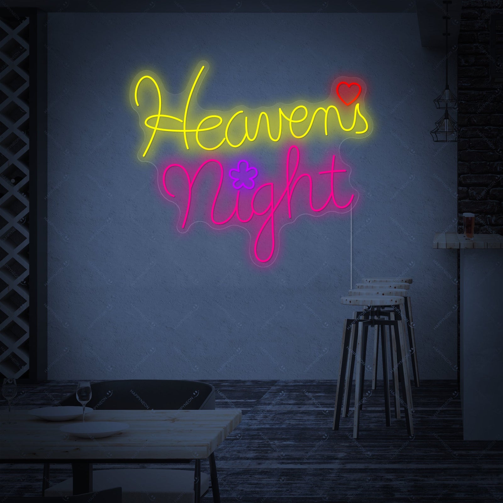 Heavens Night neon sign glowing in a dark bar setting.