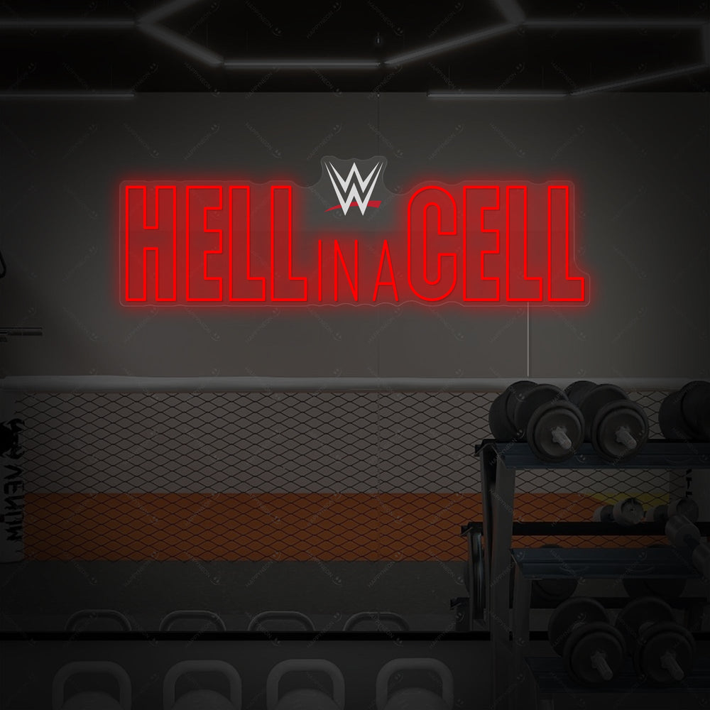 The official graphic design layout for the Hell In A Cell custom neon sign against a black background.