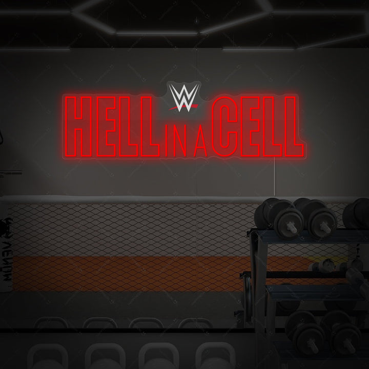 The official graphic design layout for the Hell In A Cell custom neon sign against a black background.