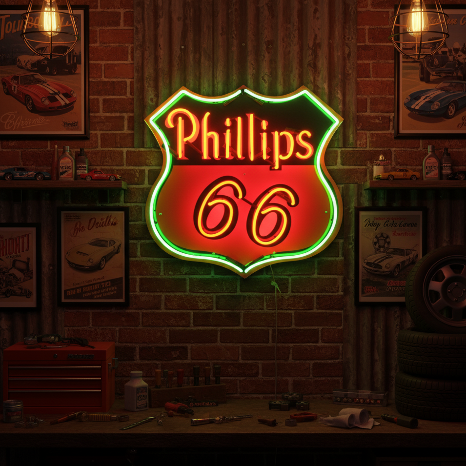 Lifestyle mockup showing the Highway Shield 66 neon sign illuminated on a textured wall in a garage or retro-themed setting.