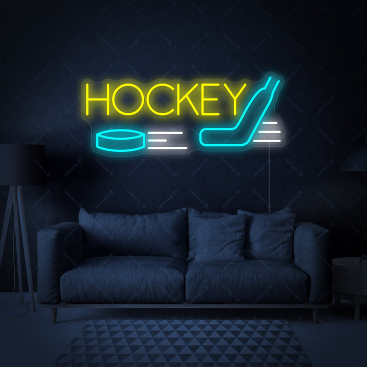A detailed view of an unlit hockey neon sign, showing the white tubing mounted on a clear acrylic backing, depicting a hockey player in motion.