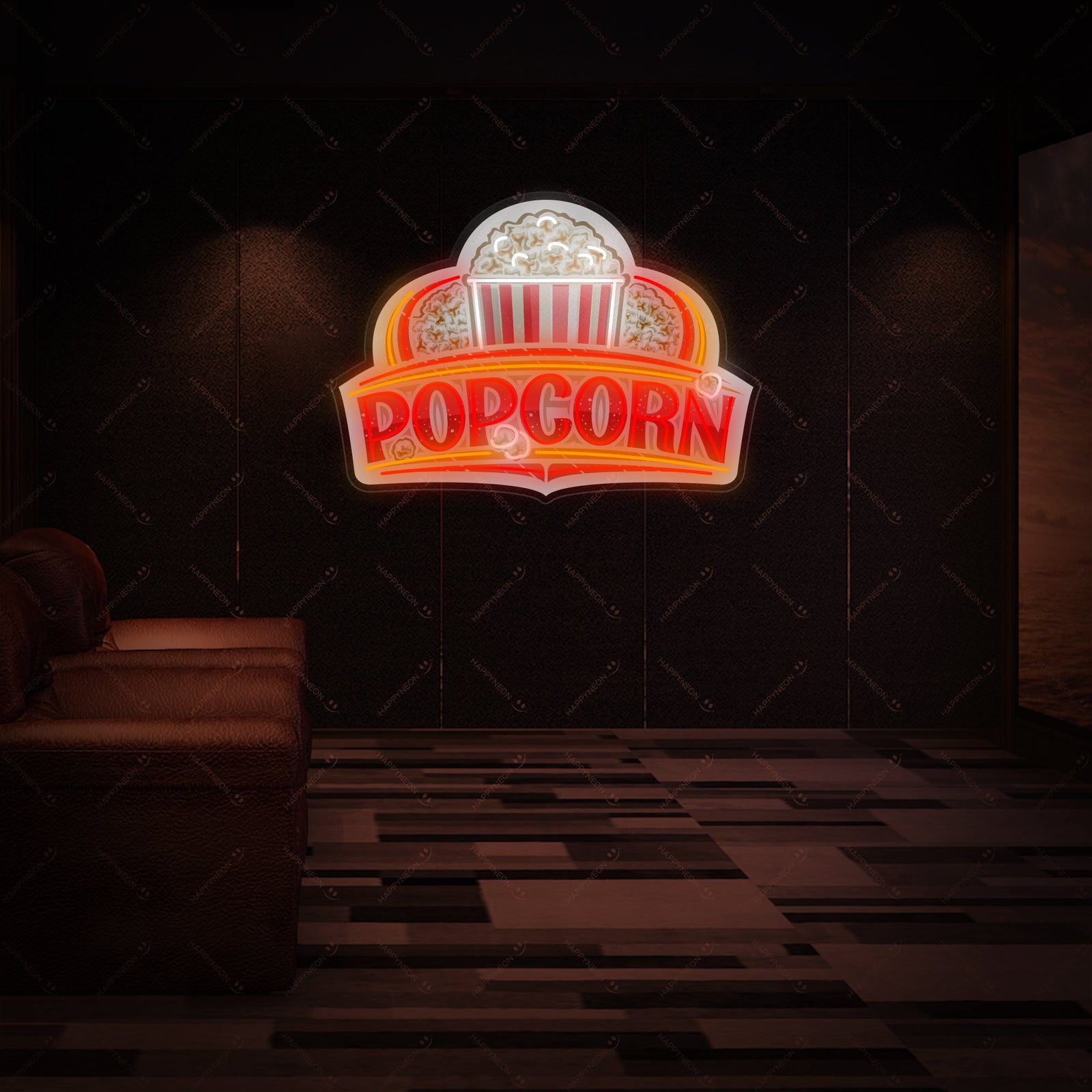 Close-up detailed view of the graphic "Homemade Salted Popcorn" neon sign design showing the colorful lettering and bucket illustration.