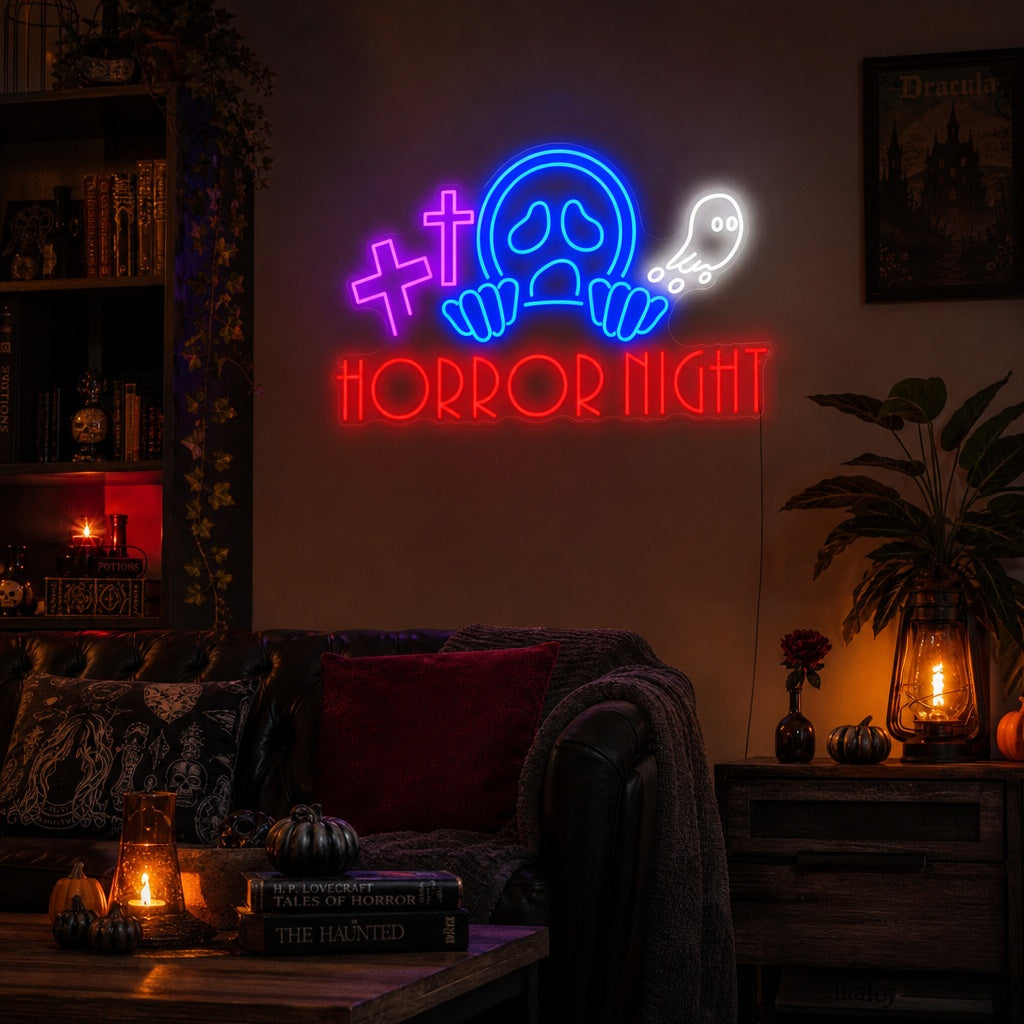 A lifestyle mockup showing the glowing Horror Night Neon Sign mounted on a textured wall in a dimly lit room, creating a spooky atmosphere.