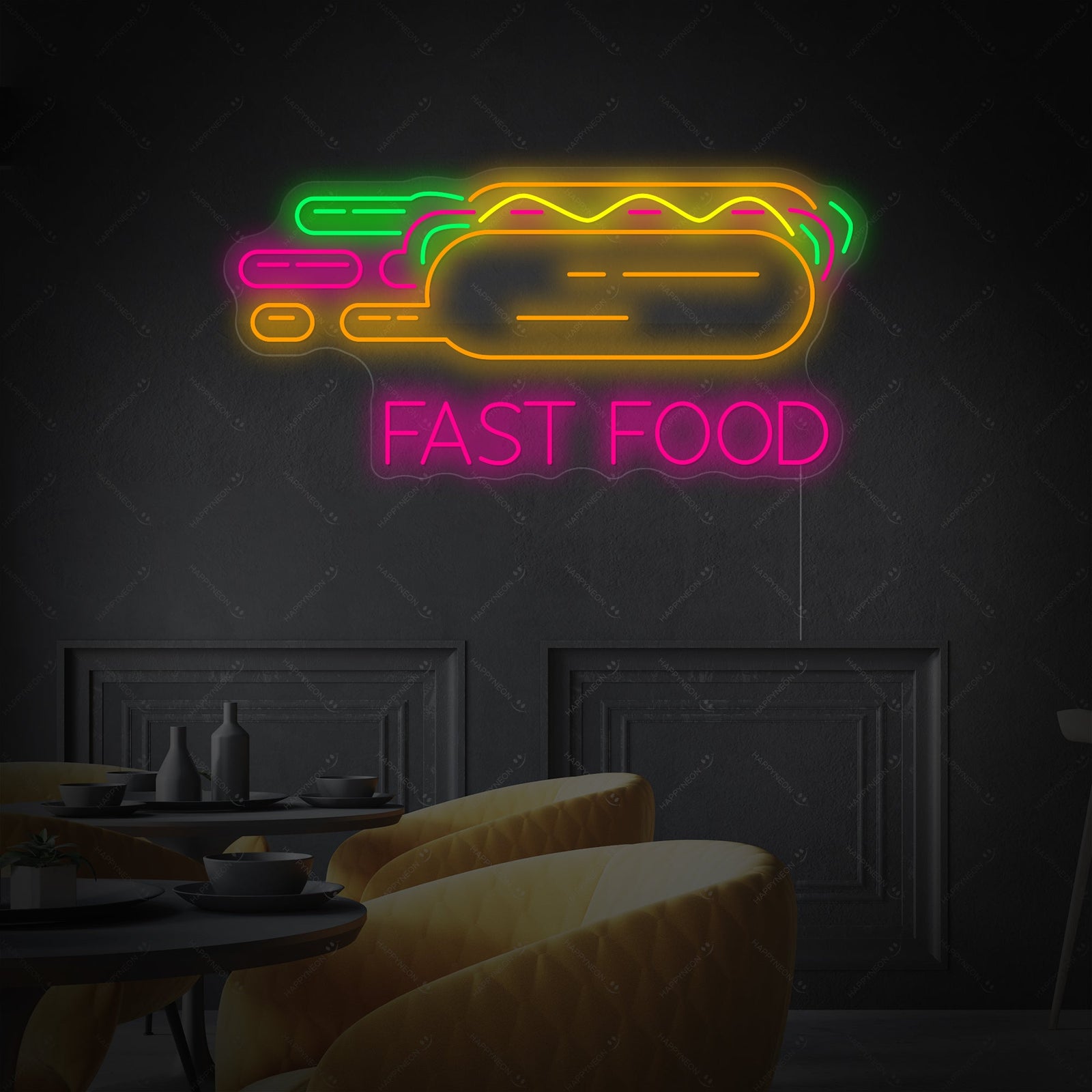 A detailed view of the glowing 'Hot Dog' neon sign design with a clear outline of a mustard-covered hot dog.