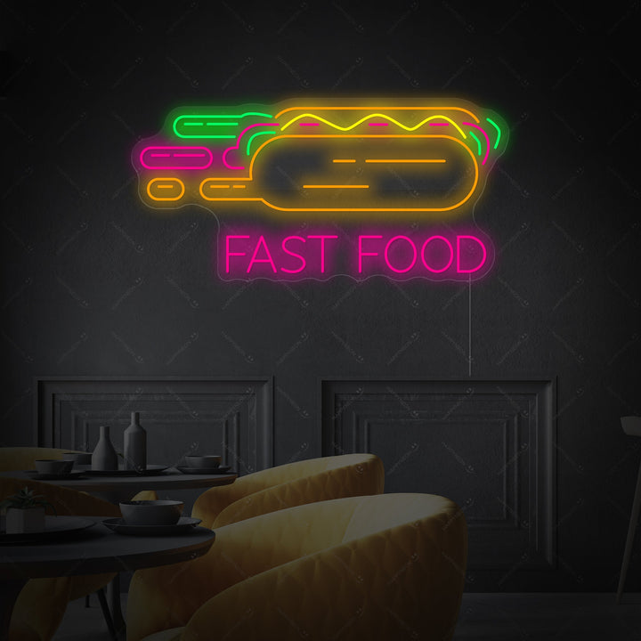 A detailed view of the glowing 'Hot Dog' neon sign design with a clear outline of a mustard-covered hot dog.