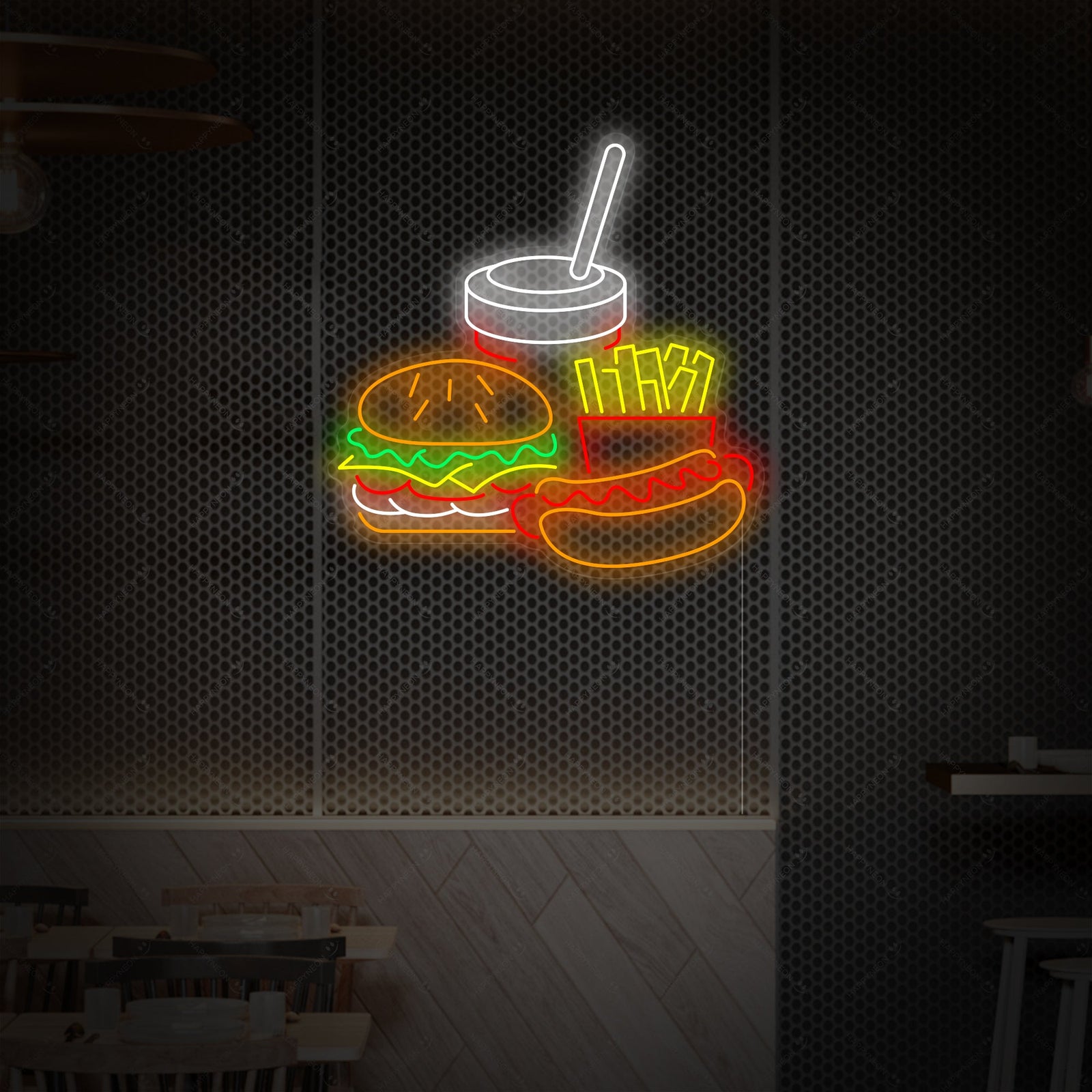 Product design view of the glowing 'Hotdog And French Fries' neon sign with a dark background.
