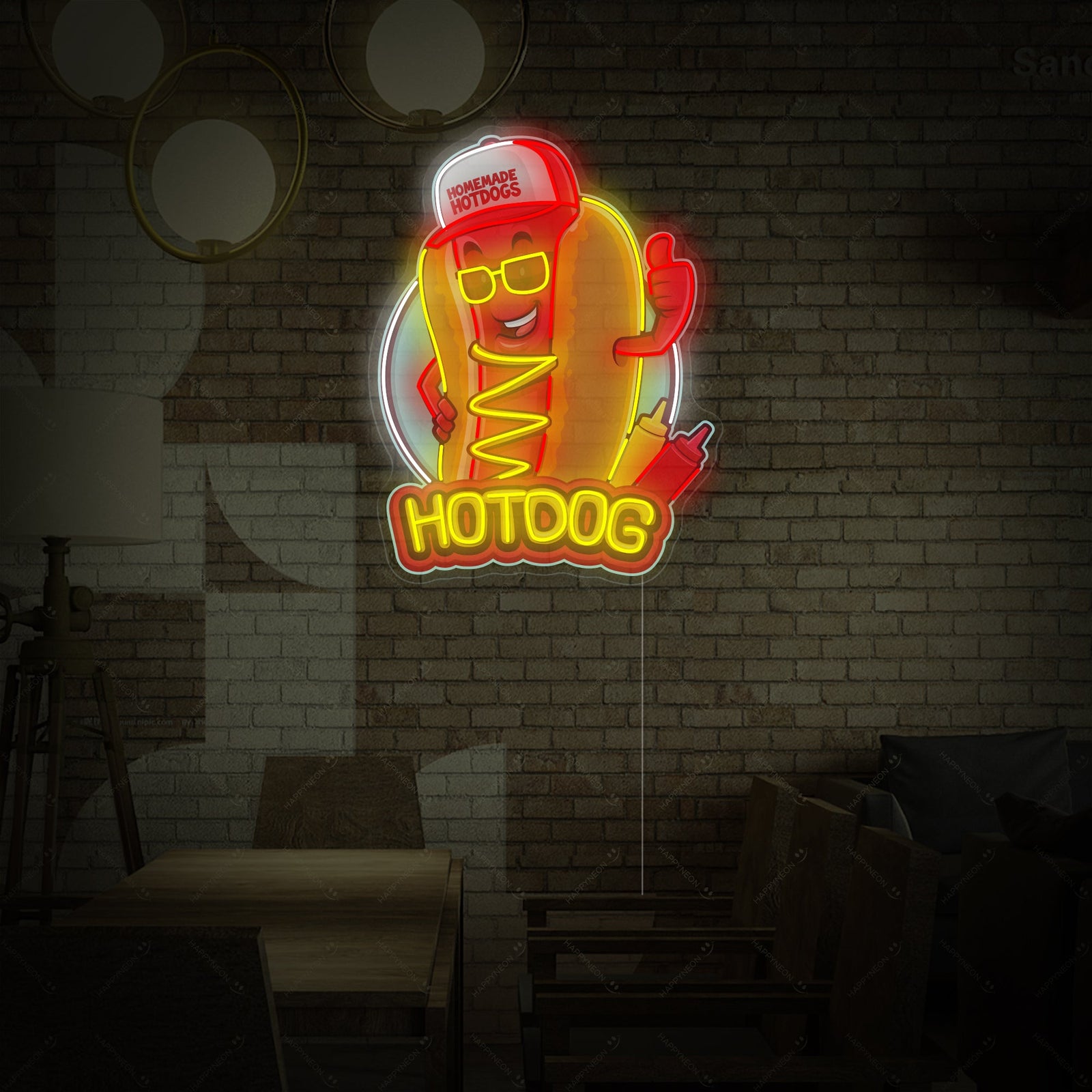 Detail view of the 'Hotdog Mascot' neon sign design, showing the intricate glowing lines forming the cartoon hotdog and its clear backing.
