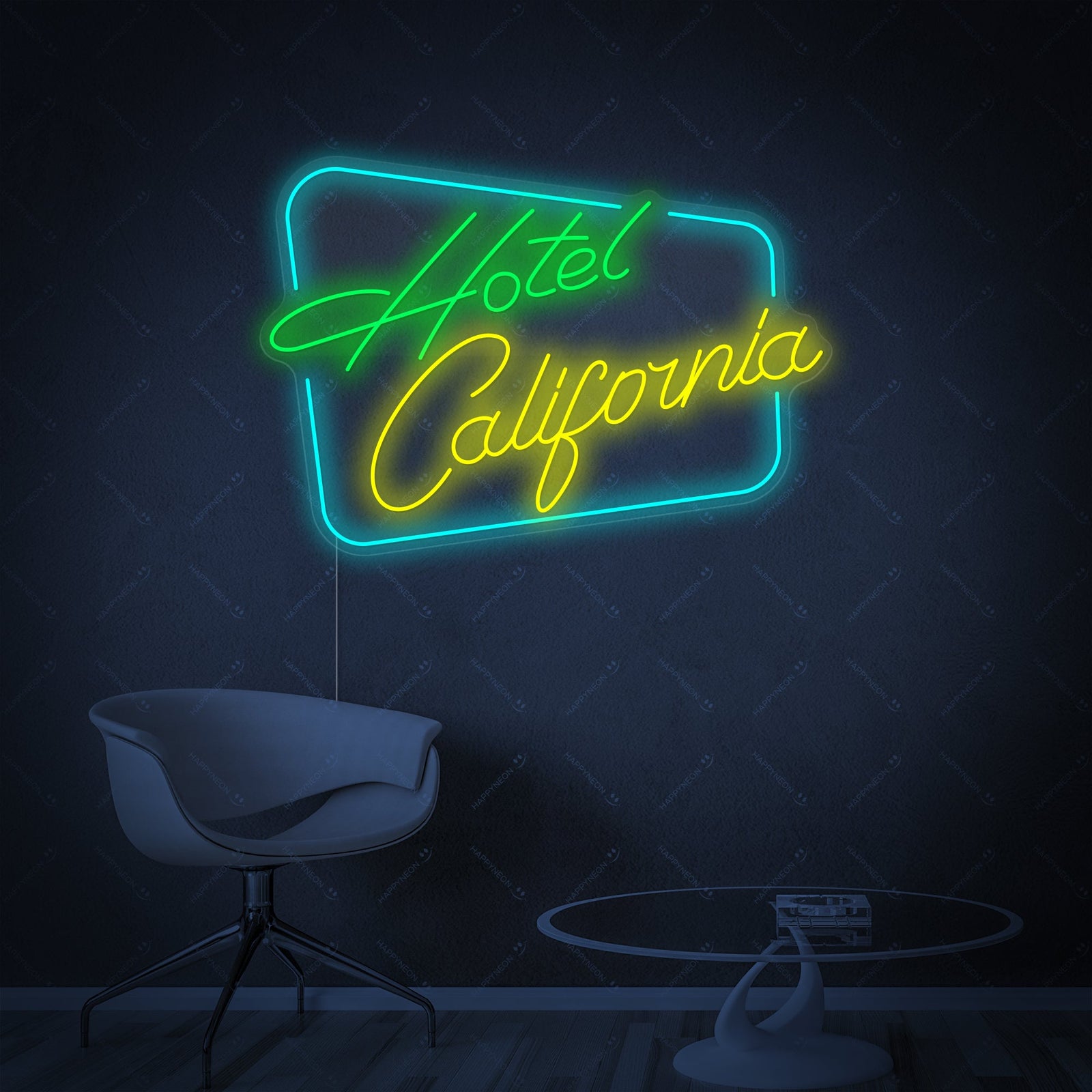 A high-quality studio shot displaying the Hotel California neon sign, clearly showing its durable clear backing, vibrant glow, and power cord.