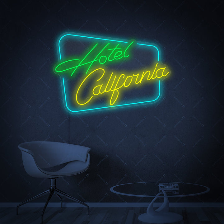 A high-quality studio shot displaying the Hotel California neon sign, clearly showing its durable clear backing, vibrant glow, and power cord.