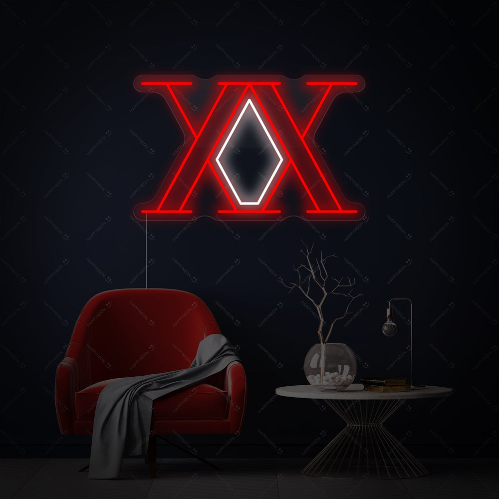 A clean mockup view of the illuminated Hunter x Hunter anime neon sign against a plain dark grey background, highlighting its intricate tube design and mounting board.