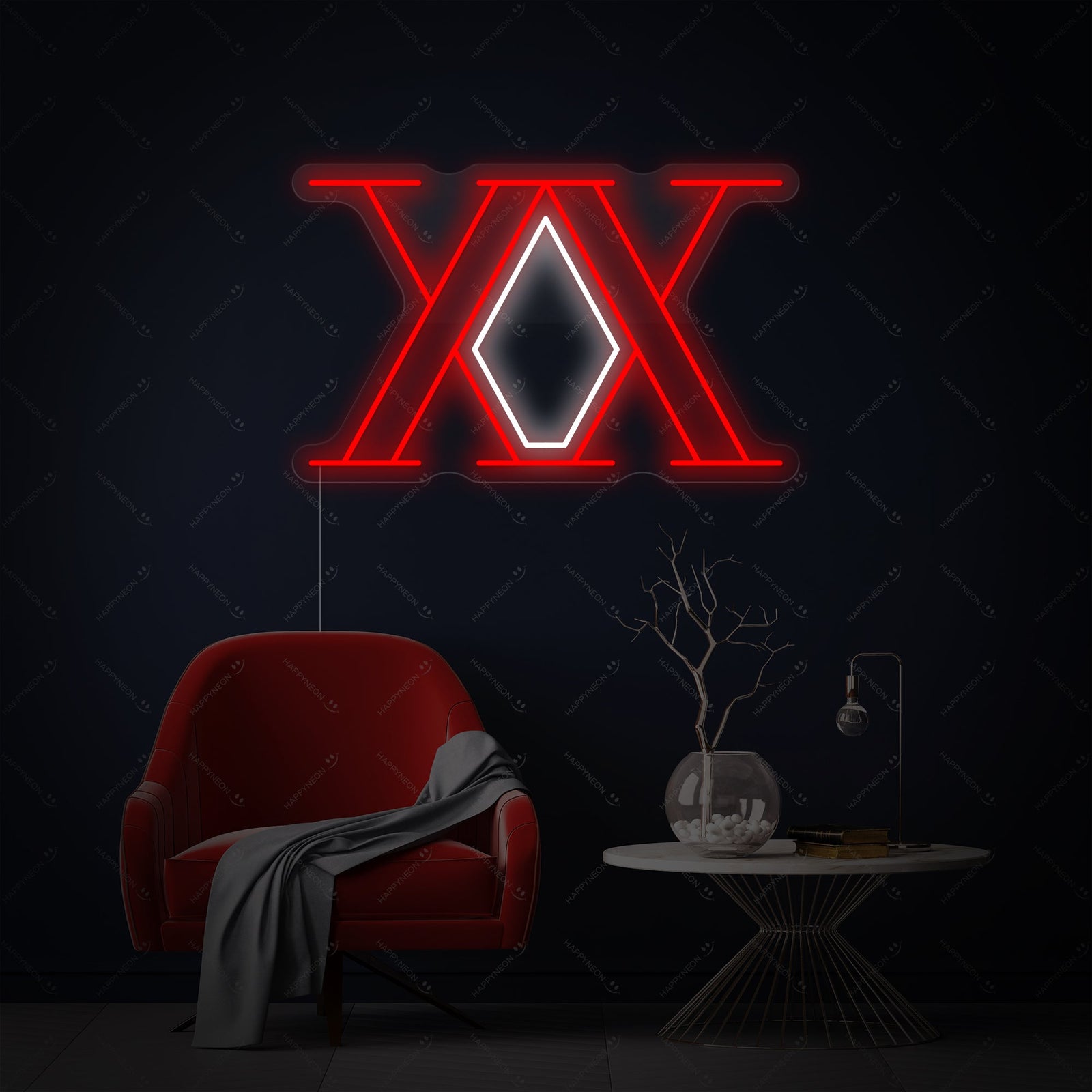 A clean mockup view of the illuminated Hunter x Hunter anime neon sign against a plain dark grey background, highlighting its intricate tube design and mounting board.