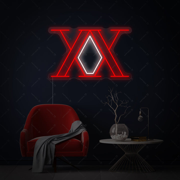 A clean mockup view of the illuminated Hunter x Hunter anime neon sign against a plain dark grey background, highlighting its intricate tube design and mounting board.