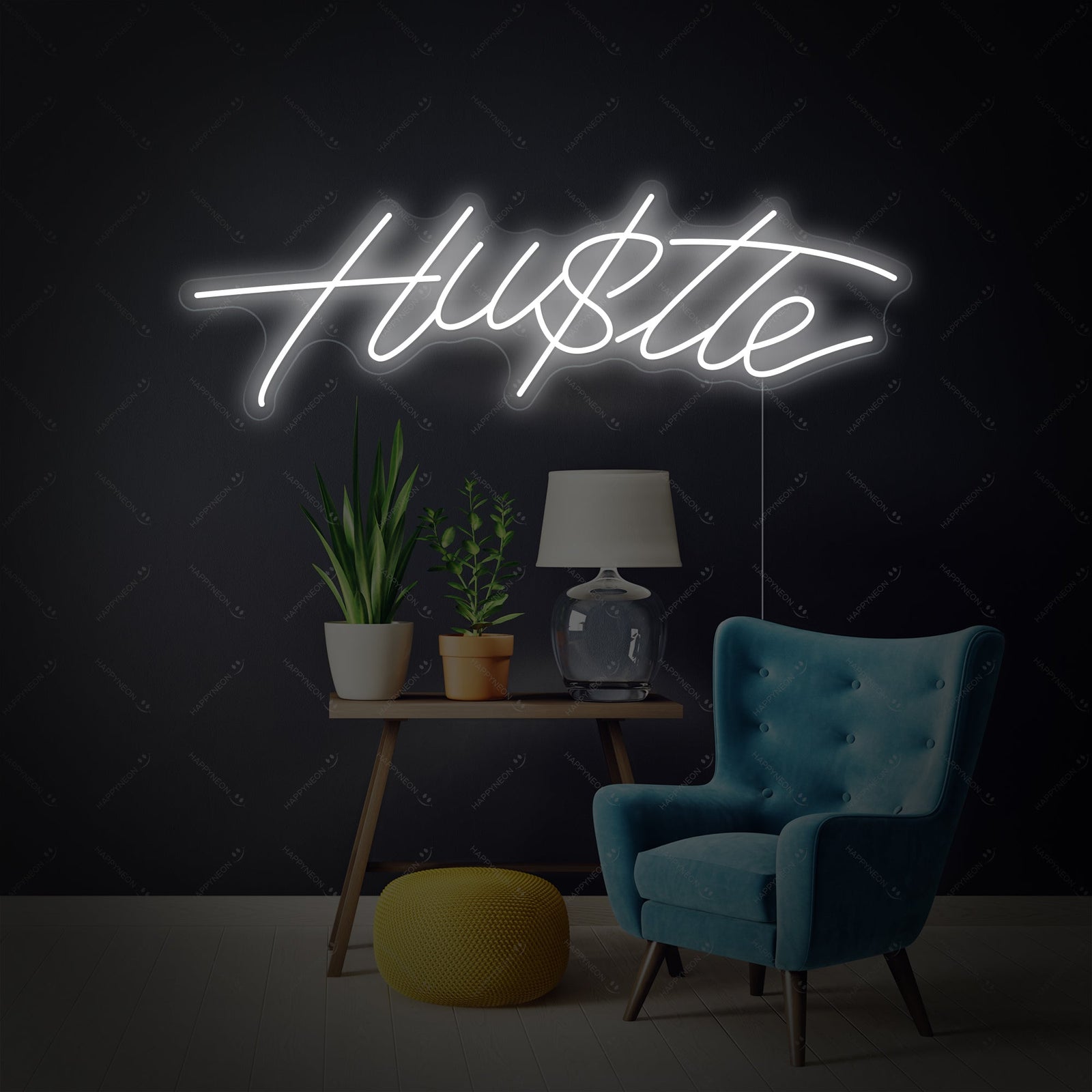 Close-up view of the 'Hustle' neon sign, showing the detailed tubing forming the word 'Hustle' on a clear backing. The sign is illuminated, glowing brightly and adding a modern, energetic touch to the surrounding environment.