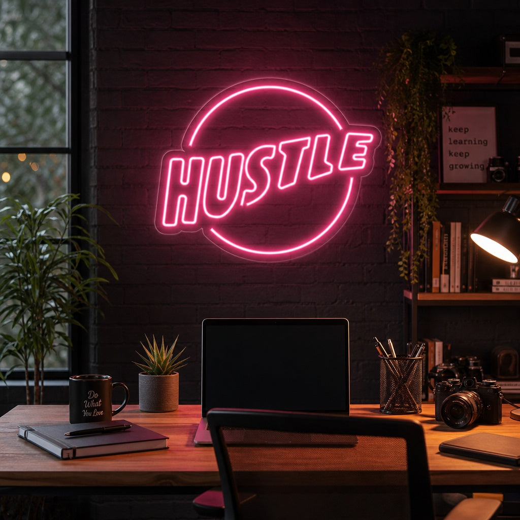 A vibrant 'Hustle' neon sign glowing on an office wall above a modern desk and chair, creating a motivational atmosphere.