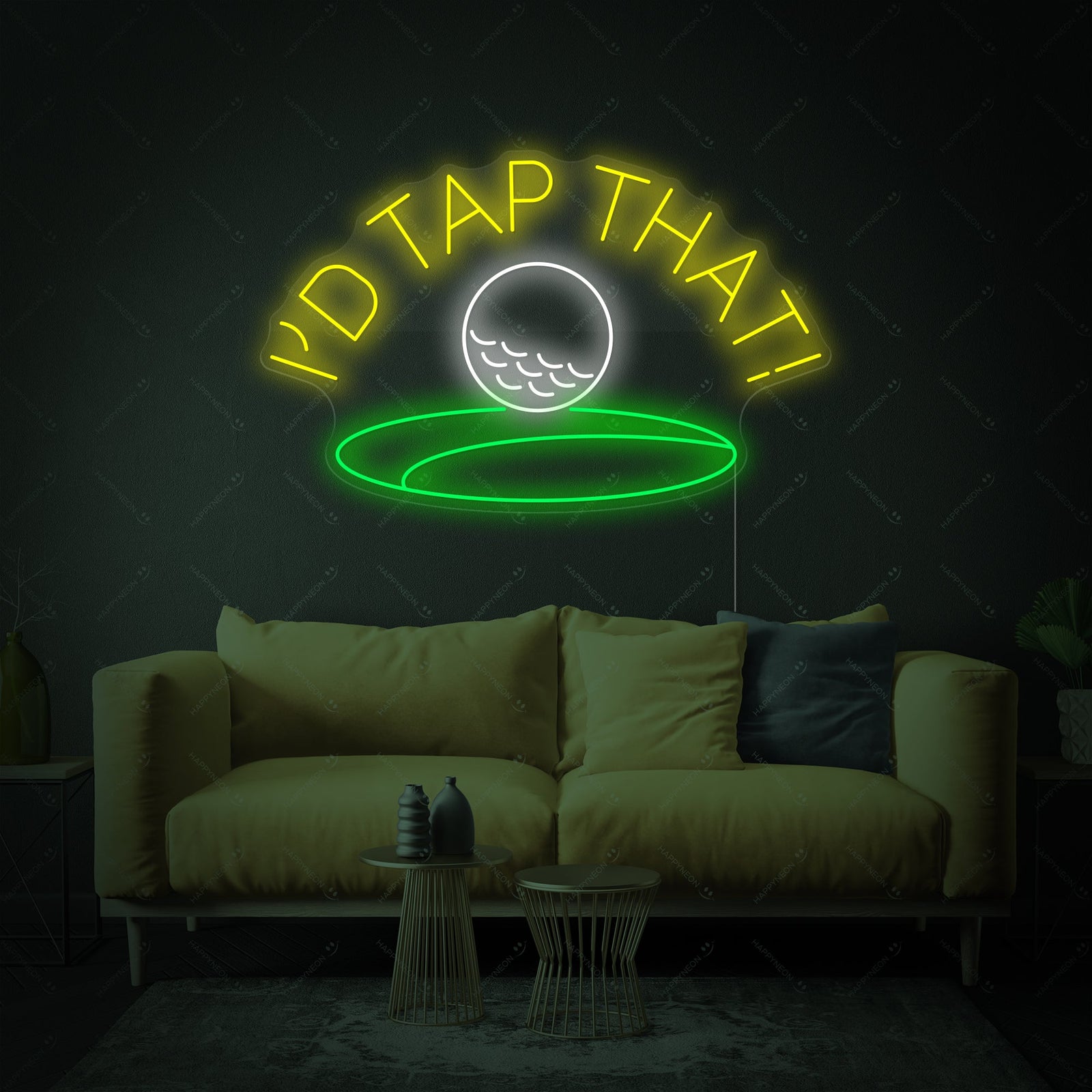 Close-up of the I'd Tap That Golf Neon Sign showcasing the neon tubing and design on an acrylic backing.