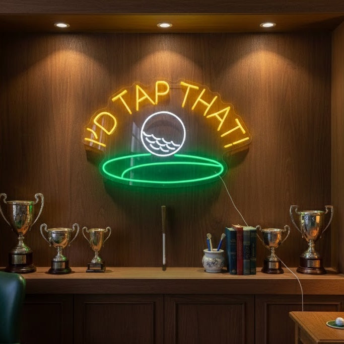 I'd Tap That Golf Neon Sign featuring a glowing golf ball and witty text in a game room setting.