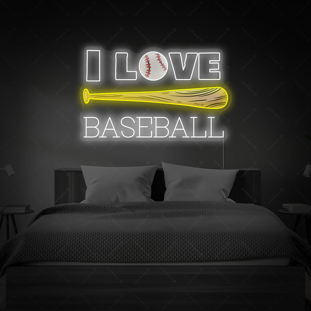The graphic design concept for the 'I Love Baseball' neon wall decor, showcasing the layout of text and sports elements.