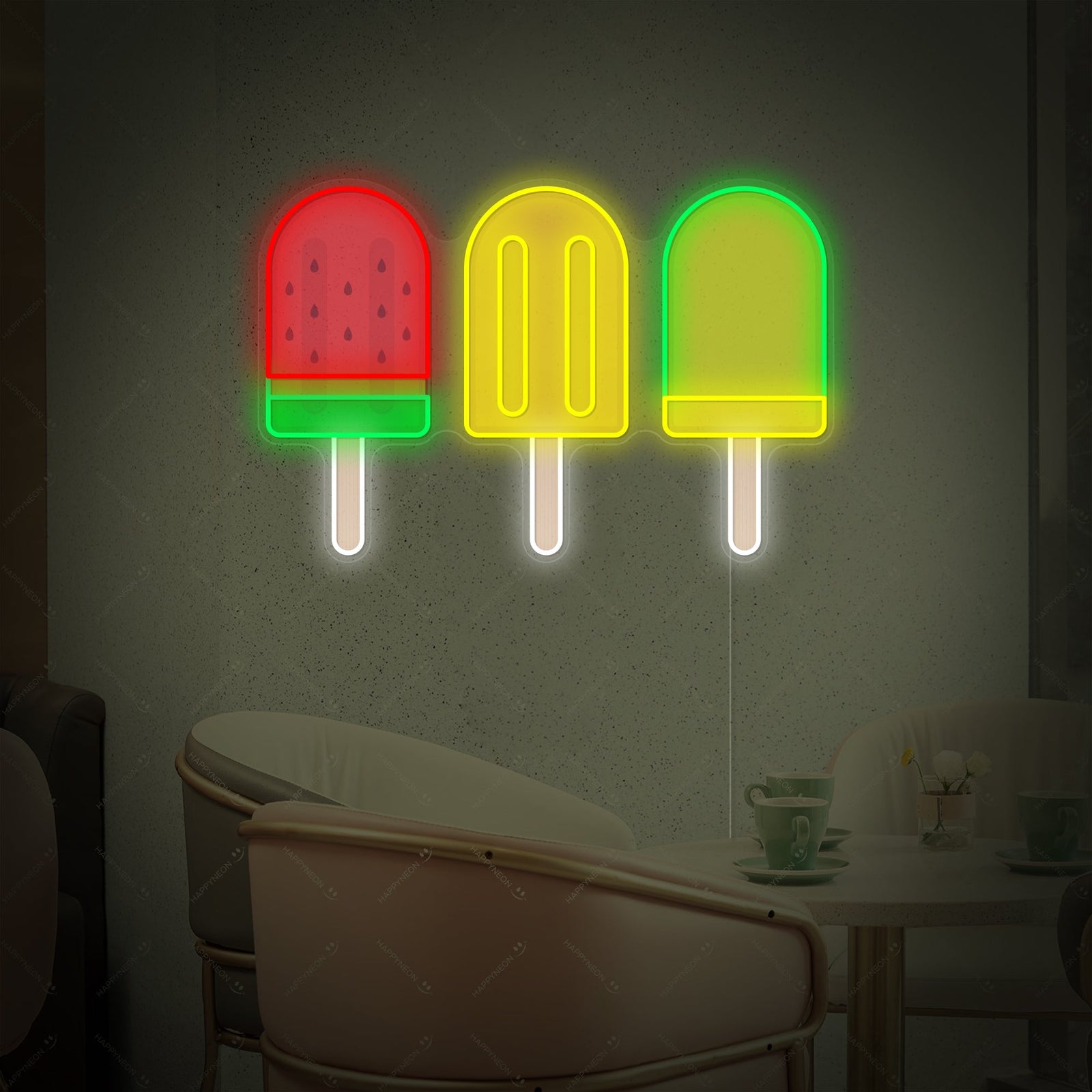 A graphic, frontal display view of the 'Ice Cream Bar' neon sign design, featuring bold stylized lettering and an illustration of an ice cream treat, glowing brightly with visible hardware on a simple background.