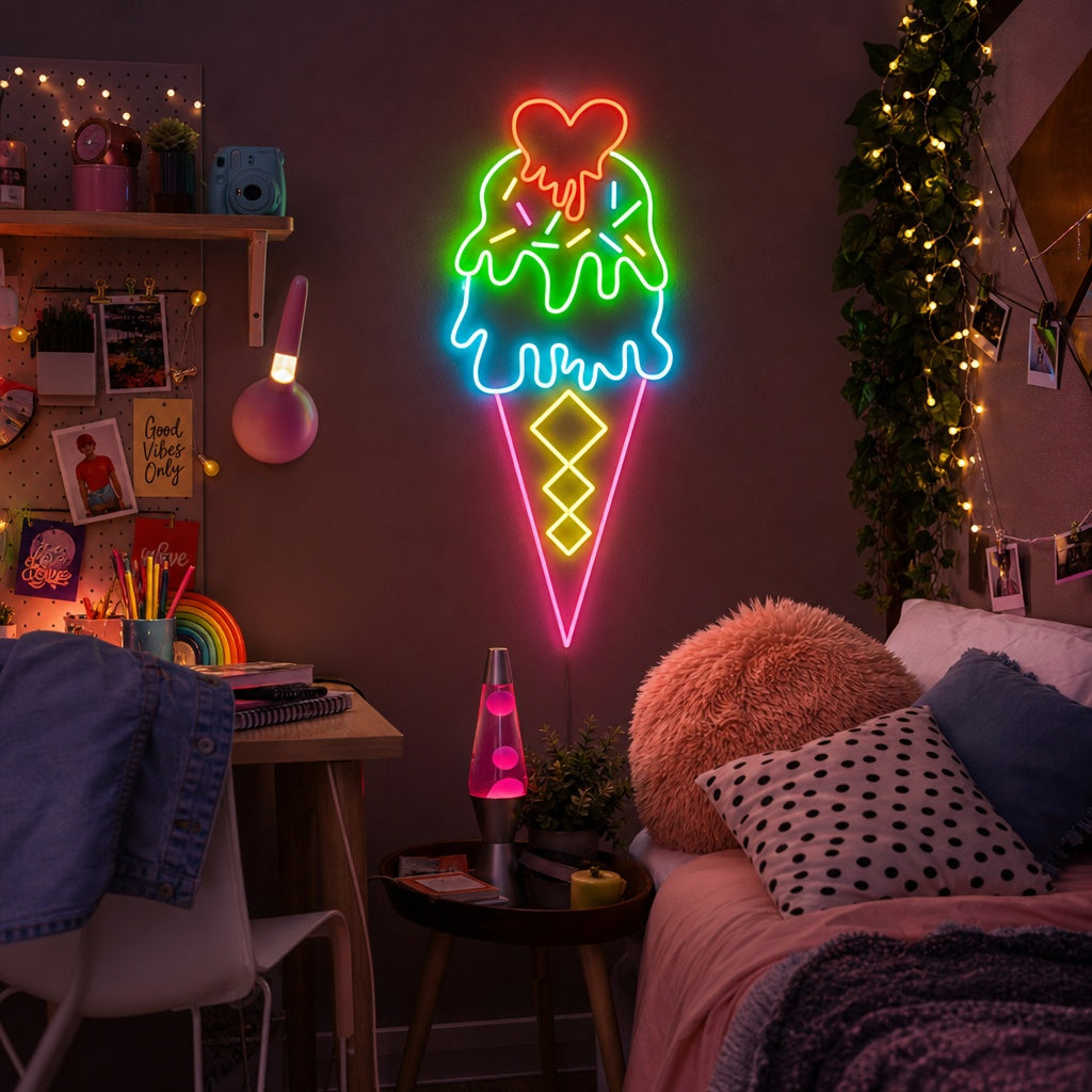 An illuminated ice cream cone neon sign in yellow, white, and red displayed on a rustic brick wall, adding a glow to the surrounding decor.