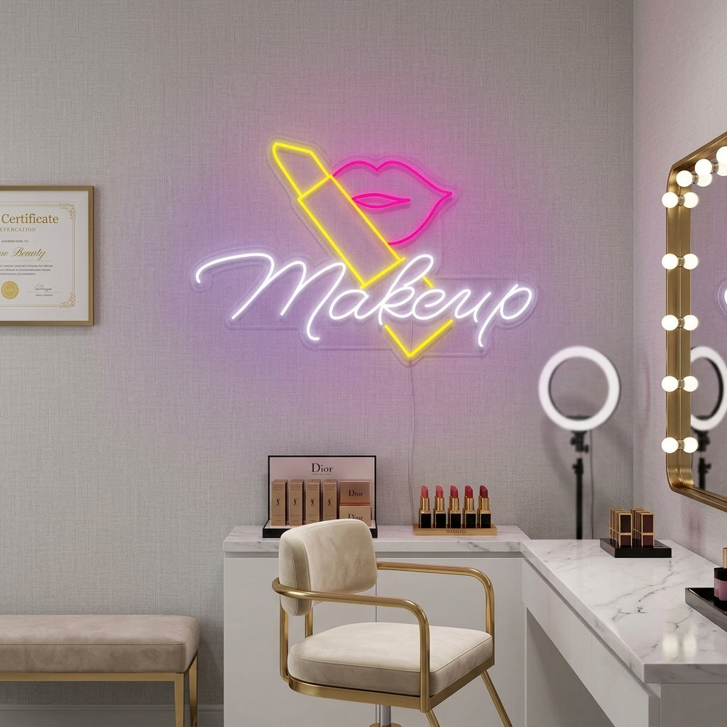 A "Makeup Lipstick" neon sign glowing in a stylish, beautifully decorated beauty salon setting.