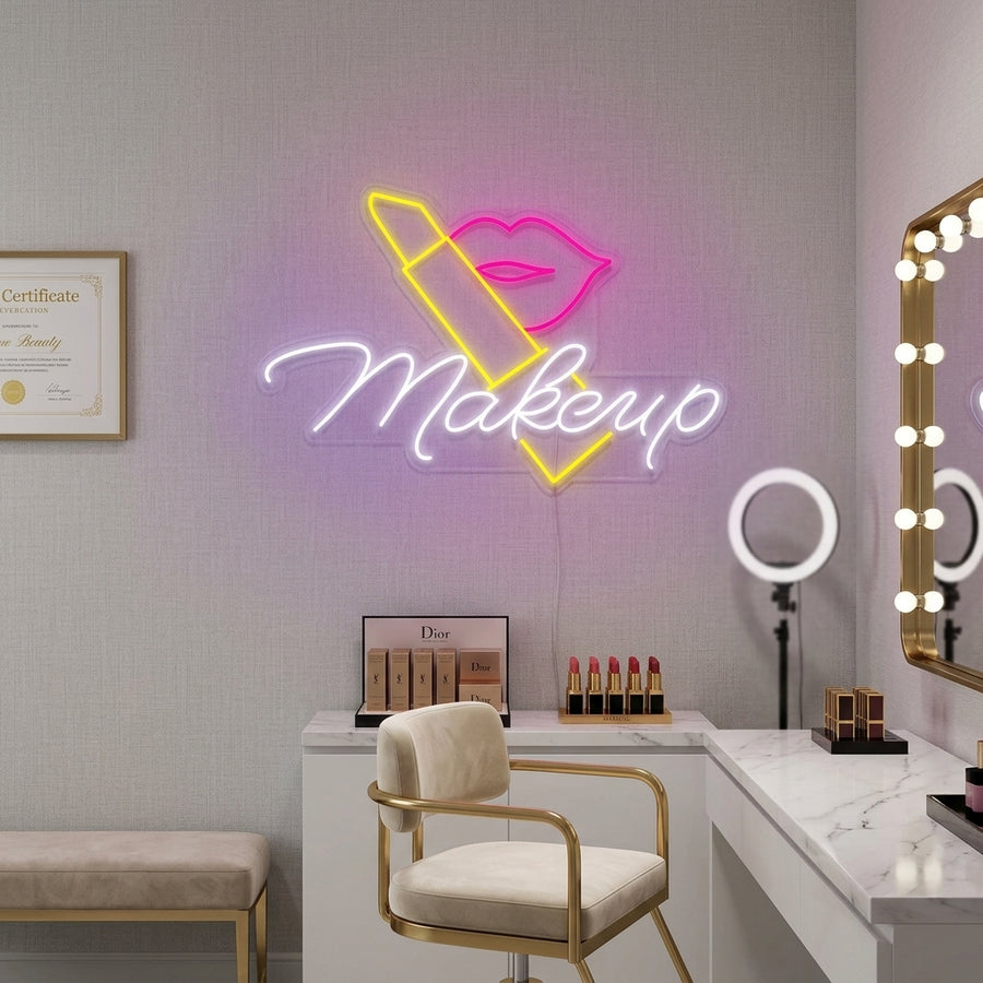 A "Makeup Lipstick" neon sign glowing in a stylish, beautifully decorated beauty salon setting.