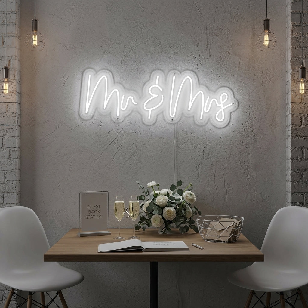 A 'Mr and Mrs' neon wall decor glowing warmly on a rustic brick wall, illuminating a stylishly decorated wedding reception area.