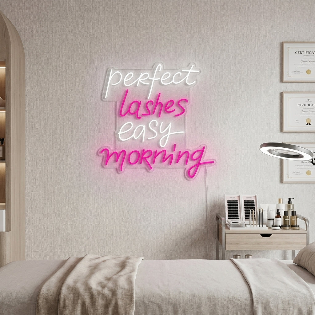 "Perfect Lashes Easy Morning" neon sign glowing warmly above a chic beauty salon station, creating a inviting and trendy atmosphere for clients.