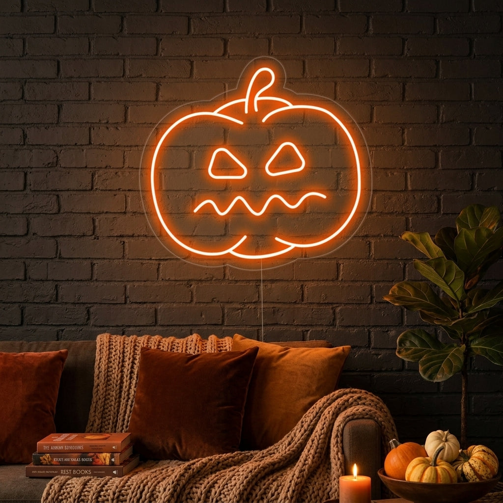 A vibrant 'Pumpkin Halloween' neon sign glowing on a dark wall in a dimly lit, atmospheric room.