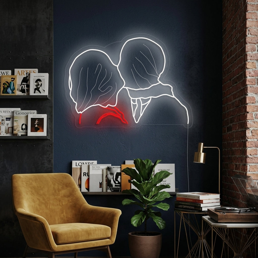 A close-up view of a vibrant neon sign rendering of René Magritte's 'The Lovers' artwork, casting a glow on a surrounding wall within an artistic interior setting.